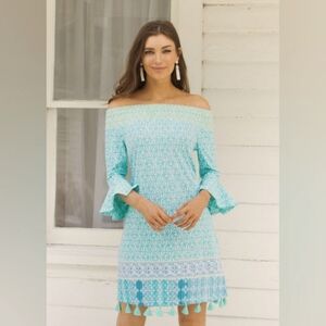 CABANA LIFE Blue-Green/ 3/4 Tulip Sleeves Off The Shoulder Smocked Tassels Dress